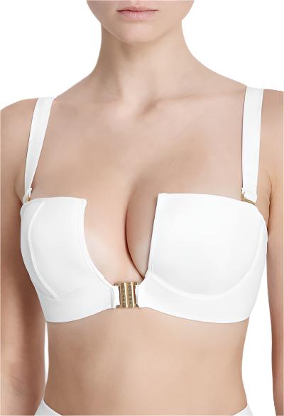 Woman wearing Sama Danesh White Allure Underwire Bikini Top front view with 24k gold-plated hardware and detachable straps.