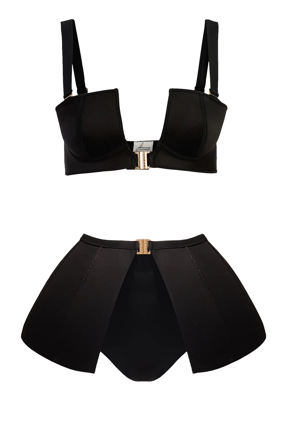 A two-piece black lingerie set featuring a structured underwire bra with a central gold-tone T-bar clasp and a matching high-waisted flared skirt with a gold-tone center clasp, shown against a plain white background.